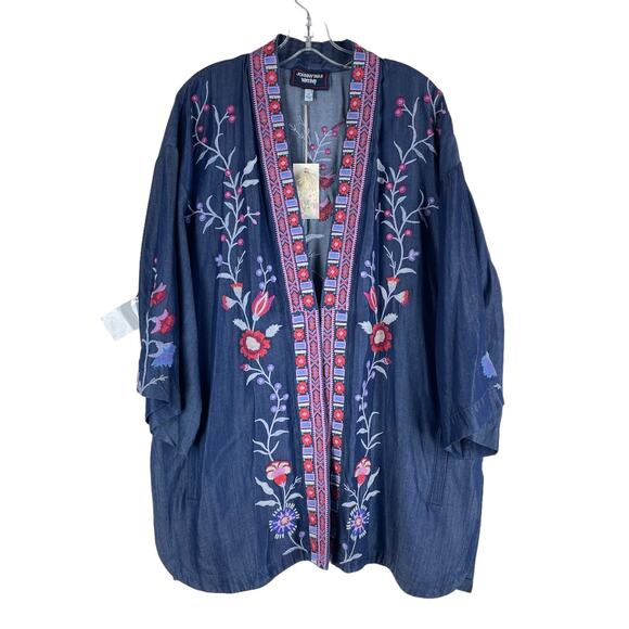 Johnny Was Piper Shirt Tail Kimono Jacket Embroidery Denim Size XL - Picture 3 of 12